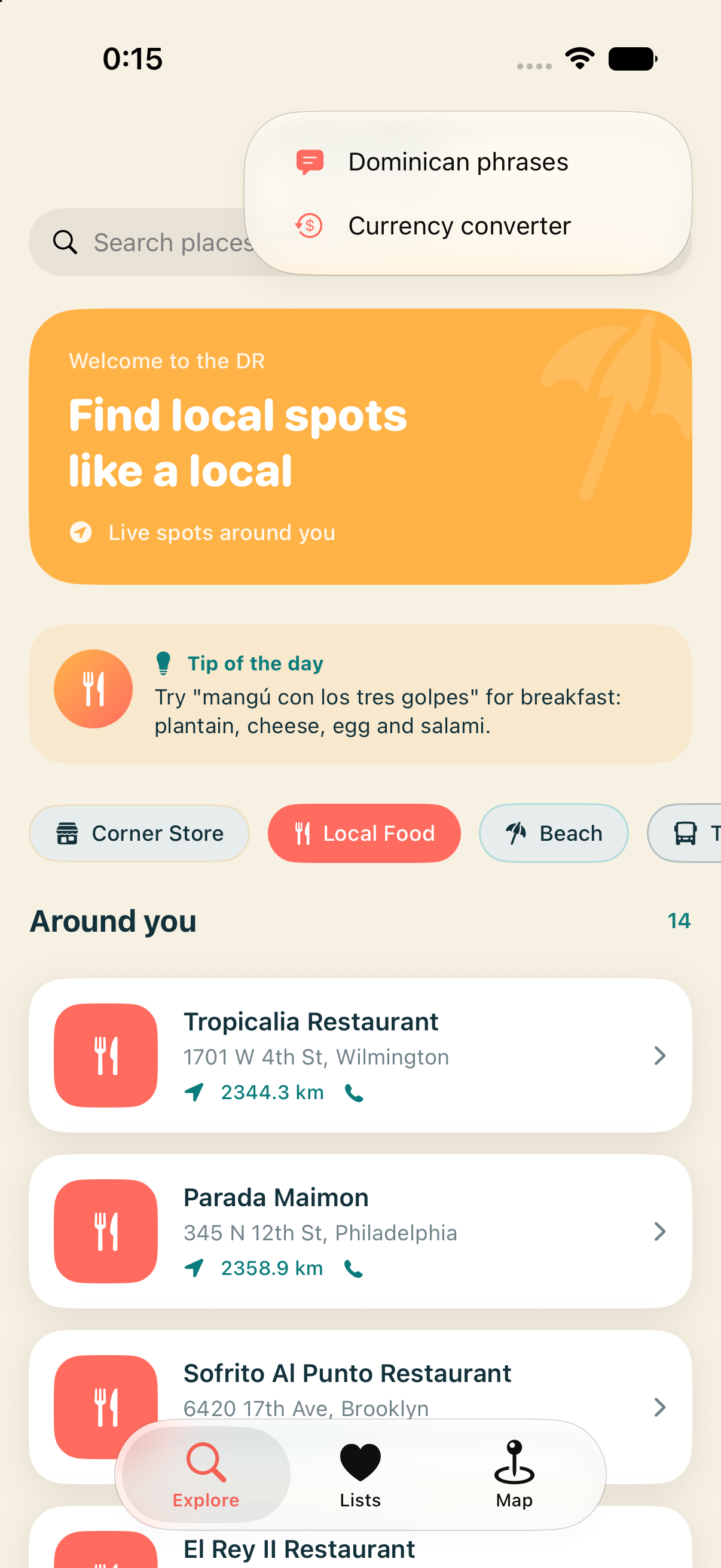 Dom-Rep App Nearby Search Screen